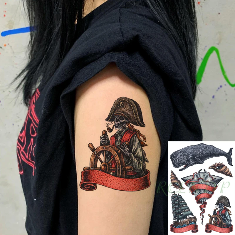 Водонепроницаемая Временная тату наклейка пиратский корабль Акула дьявол рыба