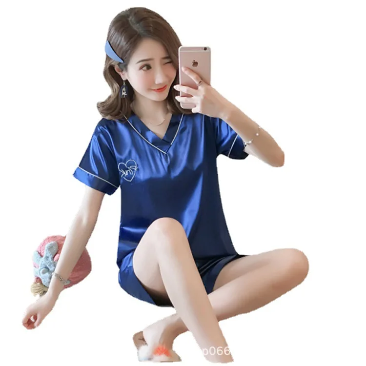 2021 New Pajamas Women's Summer Short Sleeve Nightwear Thin Home Wear Sleepwear Two Piece Ice Silk Shorts Suit Lounge Wear