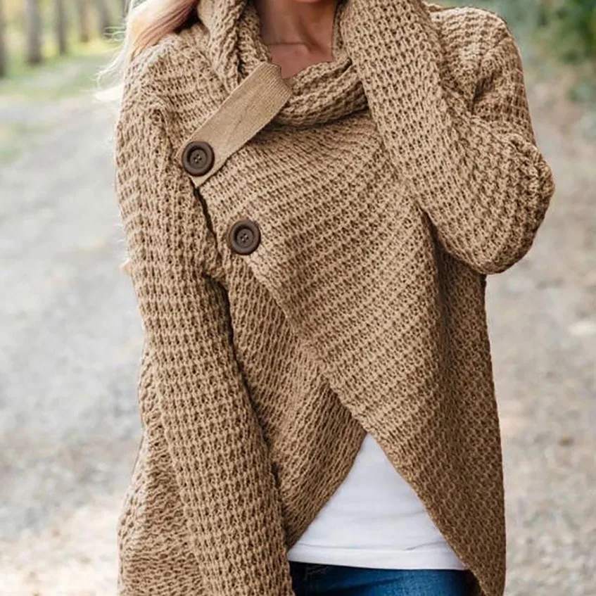 

Women 2019 Buckle Sweater Cardigan Autumn Winter Fashion Warm Turtleneck Knitting Jumper Sweater