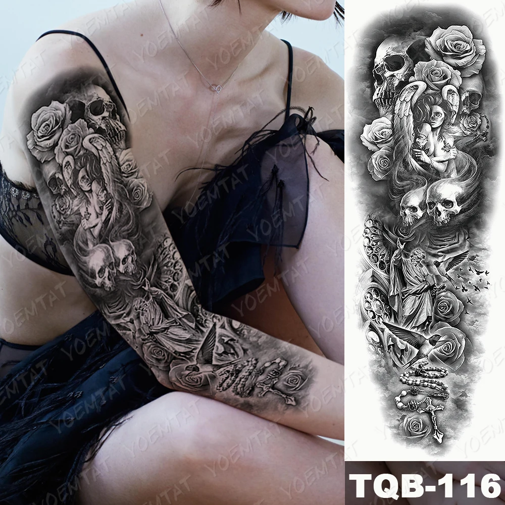 

Large Arm Sleeve Tattoo Owl Rose key Eyes Waterproof Temporary Tatto Sticker Lion Tiger Clock Body Art Full Fake Tatoo Women Men
