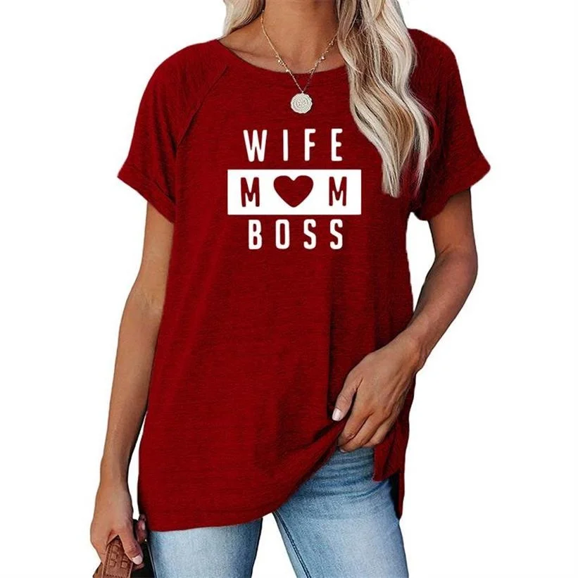 

Summer Women Tops T-shirt Wife Mom Boss Letters Print Short Sleeve For Women O-Neck Solid Color Loose Tops T-Shirt Women