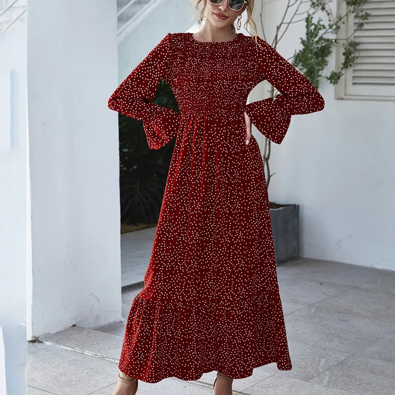 

Autumn winter vintage red dress vestidos clothes women 2020 Printed Long-Sleeved Printed Polka Dot elegant Flared sleeves Dress