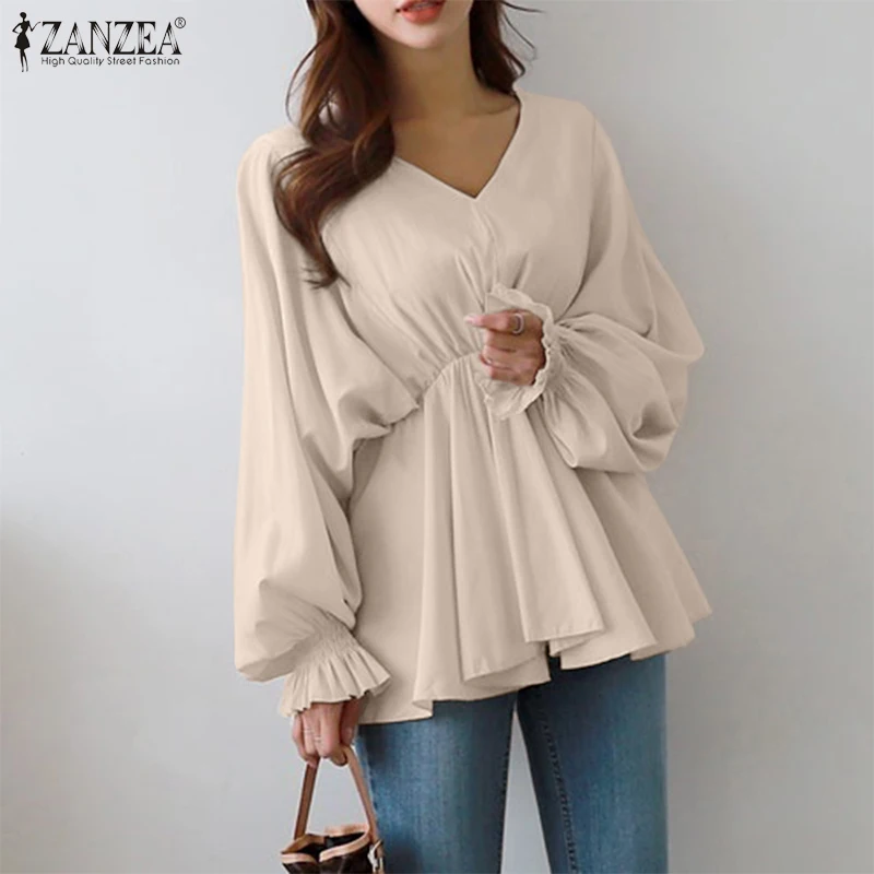 

ZANZEA Fashion Women Ruffles Blouse Spring Long Flare Sleeve Shirt Elegant V Neck Pleated Blusas Casual Work OL Tops Chemise