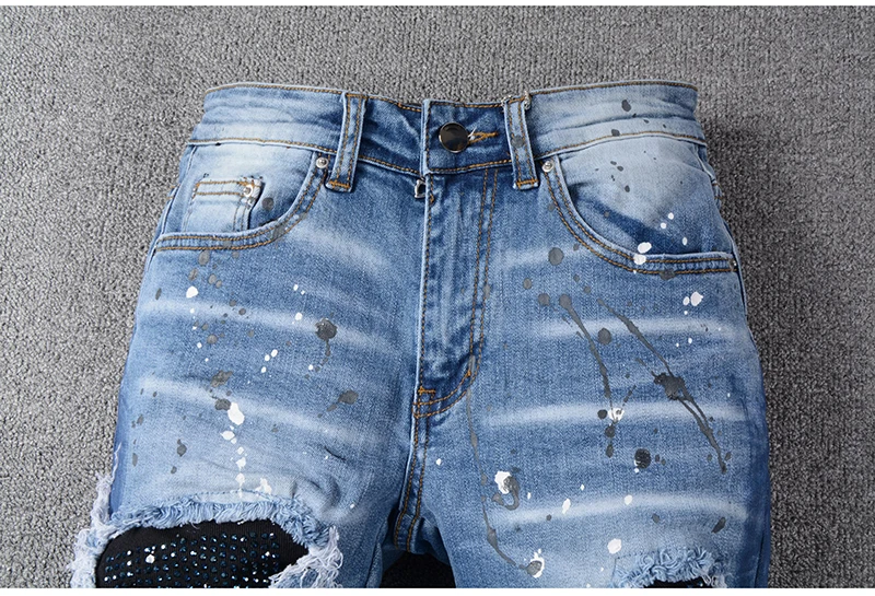 New Men's male rhinestone crystal patchwork light blue ripped jeans Slim fit skinny stretch denim pants trousers 563