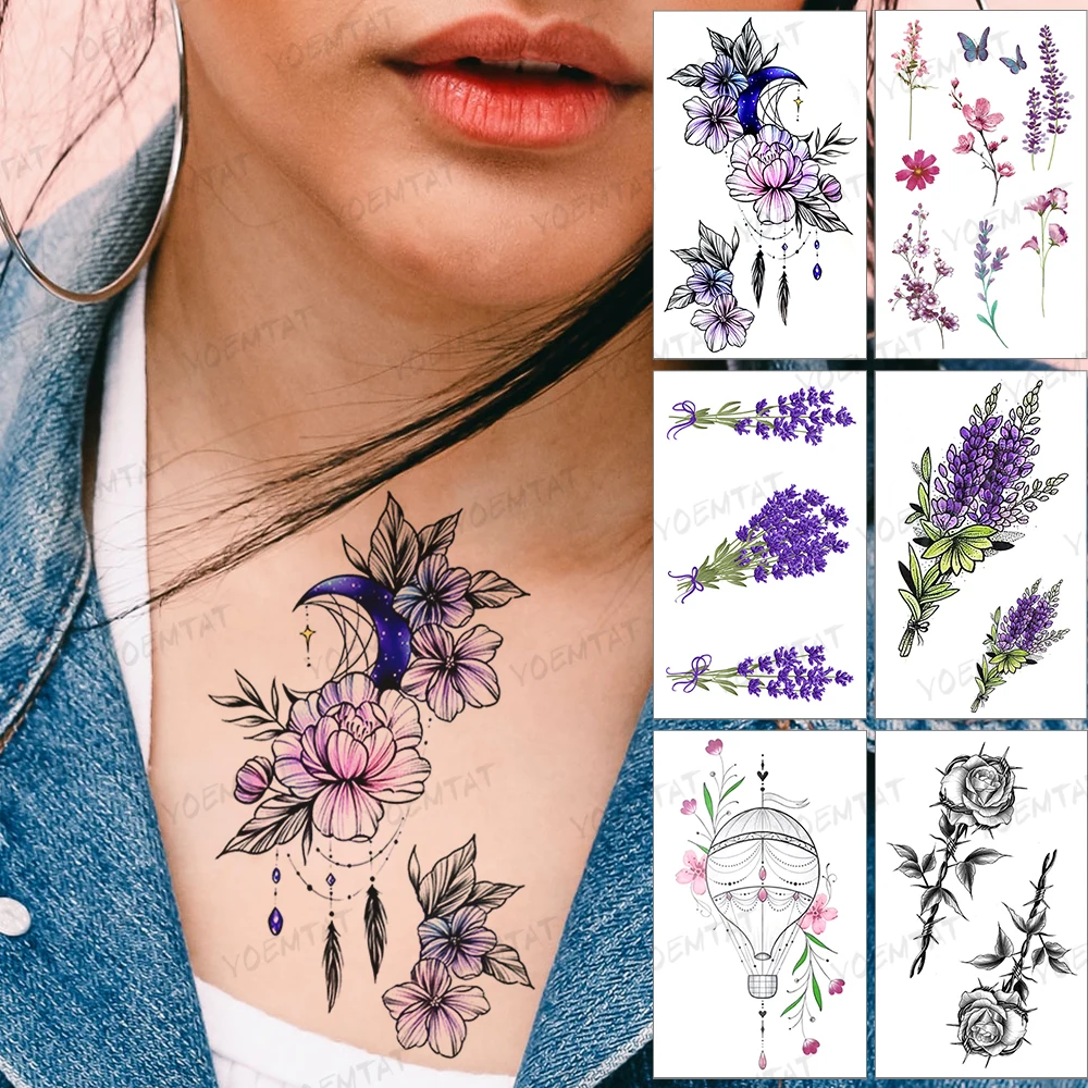 

Waterproof Temporary Tattoo Sticker Color Purple Moon Flower Linear Geometric Tatto Arm Woman Man Child Fake Tattoos