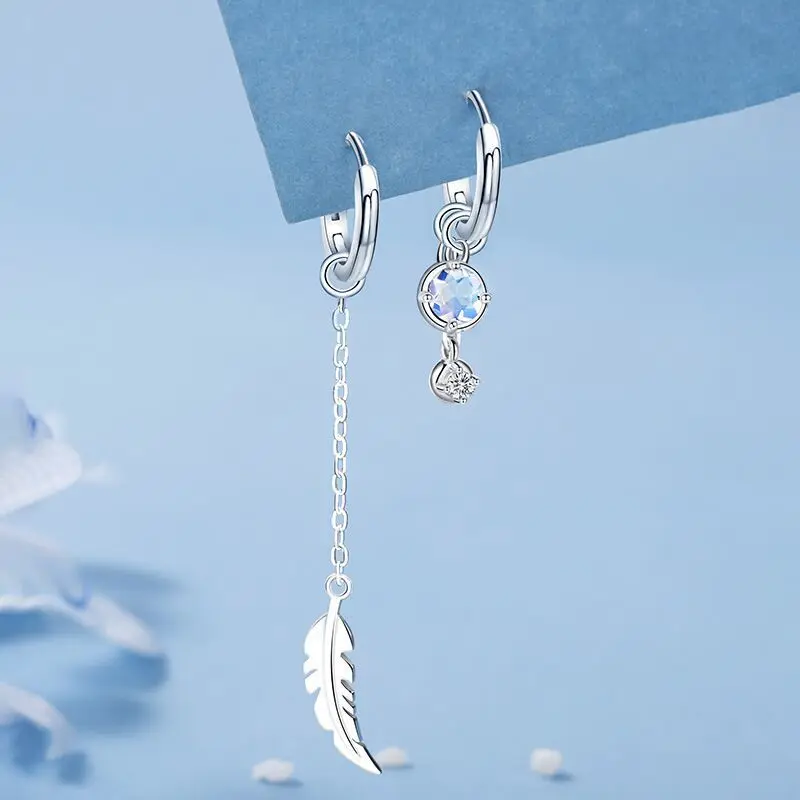 

925 Sterling Silver Asymmetric Feather Blue Zircon Drop Earring For Women Gift Handmade Jewelry Wholesale orecchini pendientes