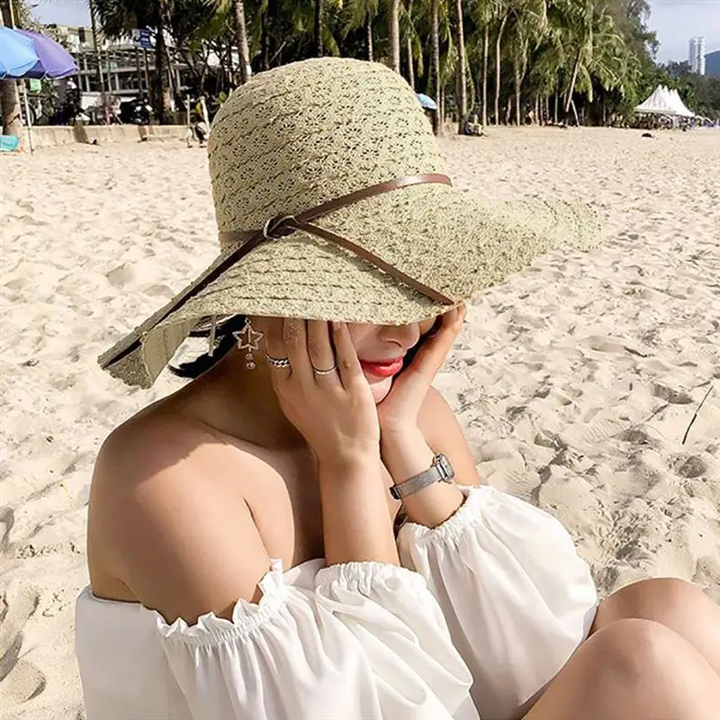 

2020 New Fashion Foldable Sun Protection Straw Hat Beach Sun Hat Fashion Bowknot Wide Brim Lace Beach Hat Summer Hat For Women