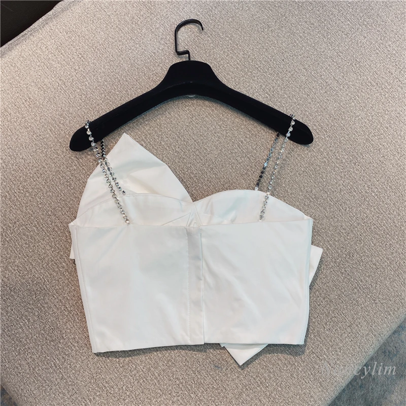 Big Bow Camisole Woman Rhinestone Chain Shoulder Strap 2021 Spring and Summer New Korean Style Temperament Lady Bra Crop Top