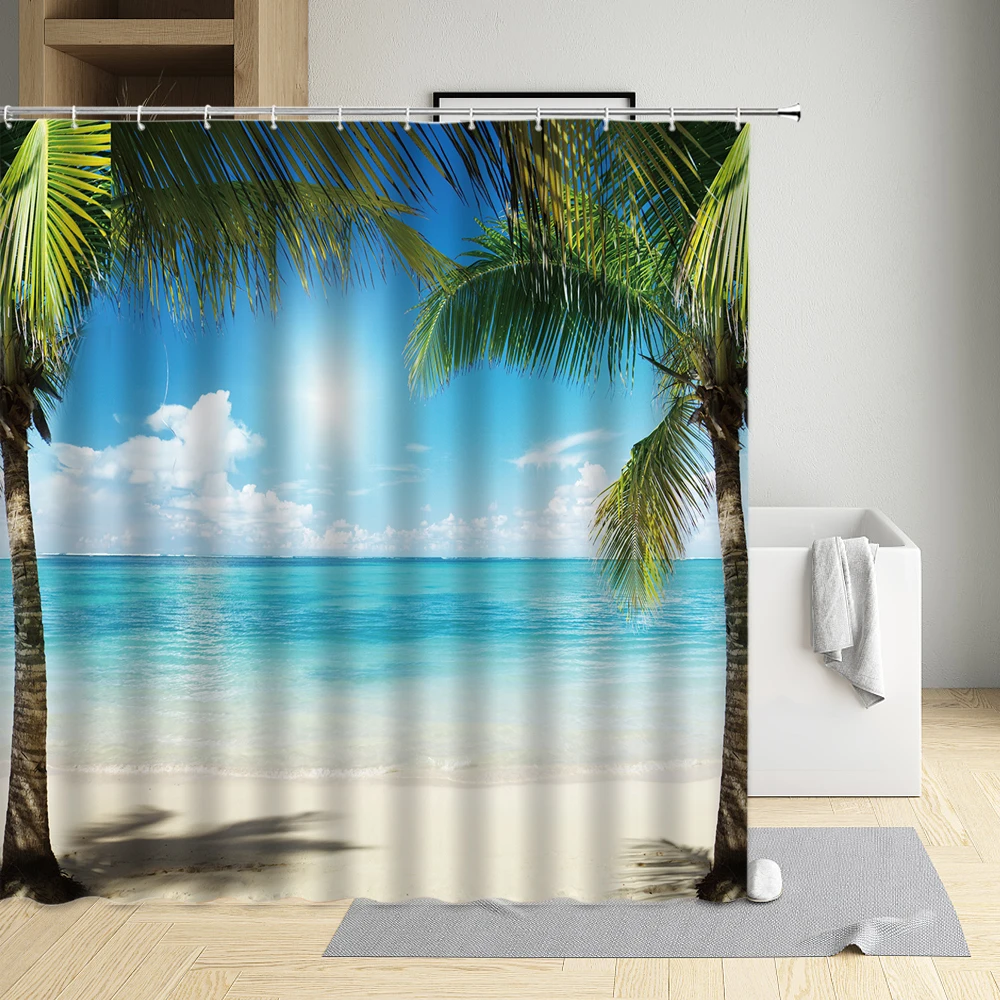 

Seaside Shower Curtain Palm Tree Parasol Blue Sky Golden Sandy Beach The Waves Sailboat Maritime House Cloth Bathroom Decor