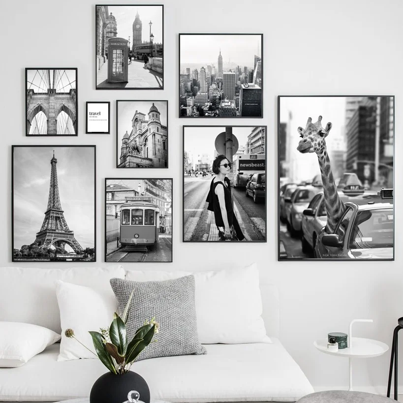 

Paris London Eiffel Tower City Landscape Travel Poster Black and White Wall Art Canvas Painting Wall Pictures for Interior Home