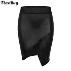 Женская деловая черная юбка-карандаш из искусственной кожи с высокой талией и Боковым Разрезом