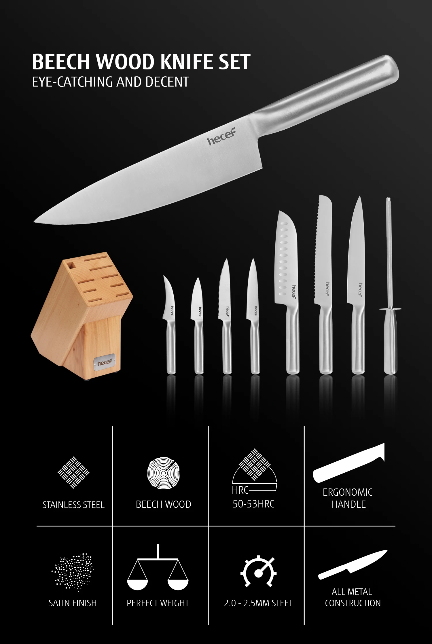 Набор кухонных ножей Hecef из 10 предметов с блоком Букового дерева|Наборы ножей| |