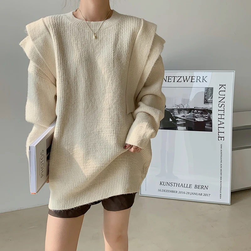 

Женский свободный пуловер, элегантный вязаный джемпер составного кроя с круглым вырезом и длинными рукавами, модель F310 на осень и зиму, 2021