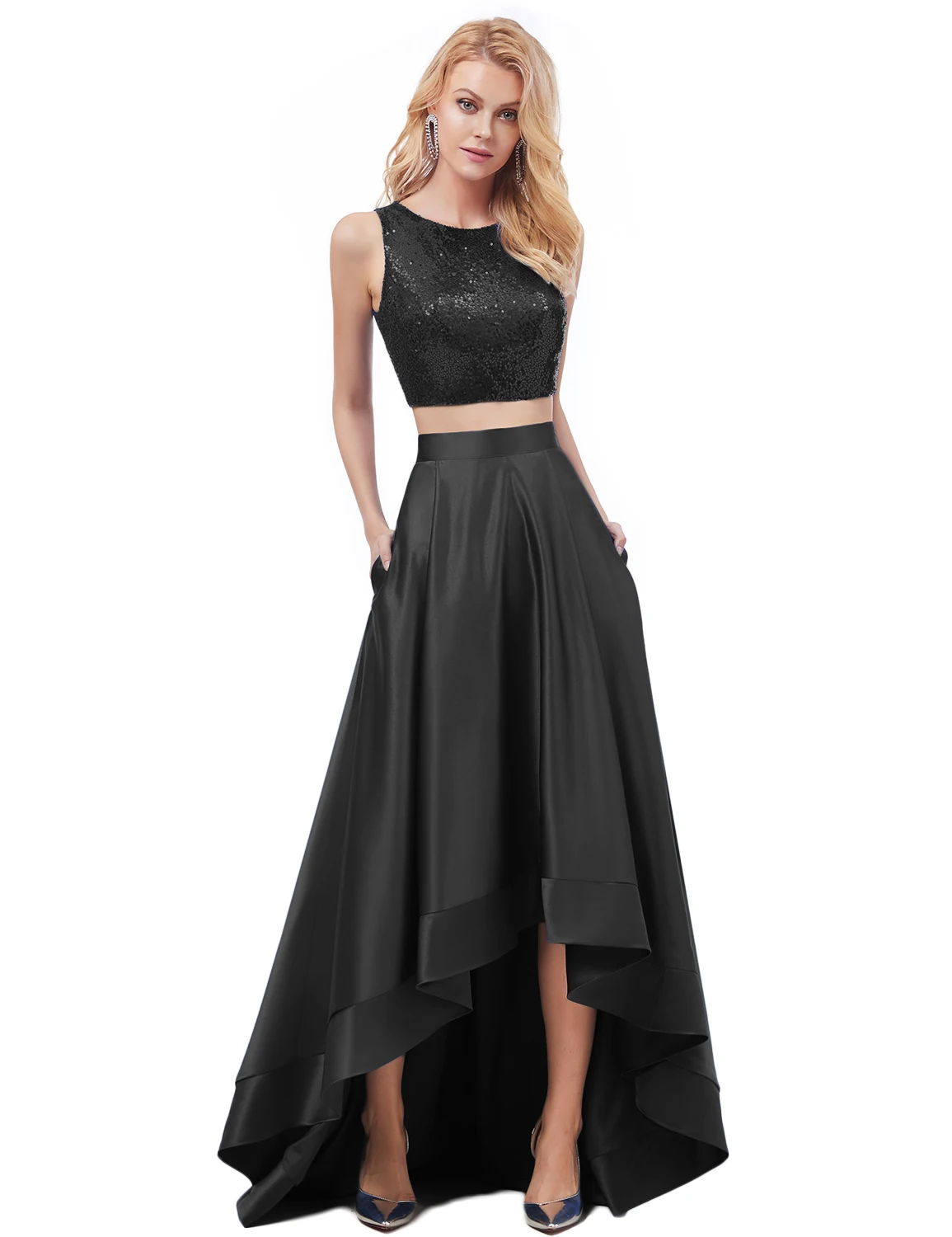 Vivian's Bridal Весенняя мода Sequin Crop Top вечернее платье, пикантное асимметричное платье с открытой спиной и высокой низкой атласной юбкой, платье для выпускного вечера