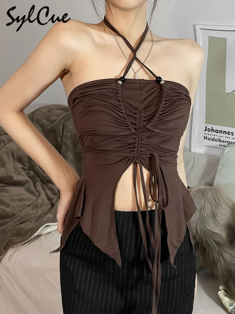 

Sylcue Tight Solid Color Sexy High Street Wild Retro Fashion avant-Garde Hot Charm Bold Open Women's Halter Vest Short Top