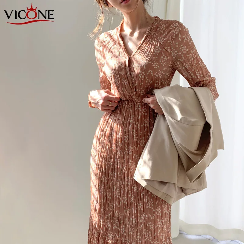 VICONE шикарное Плиссированное цветочное шифоновое платье с v образным вырезом на