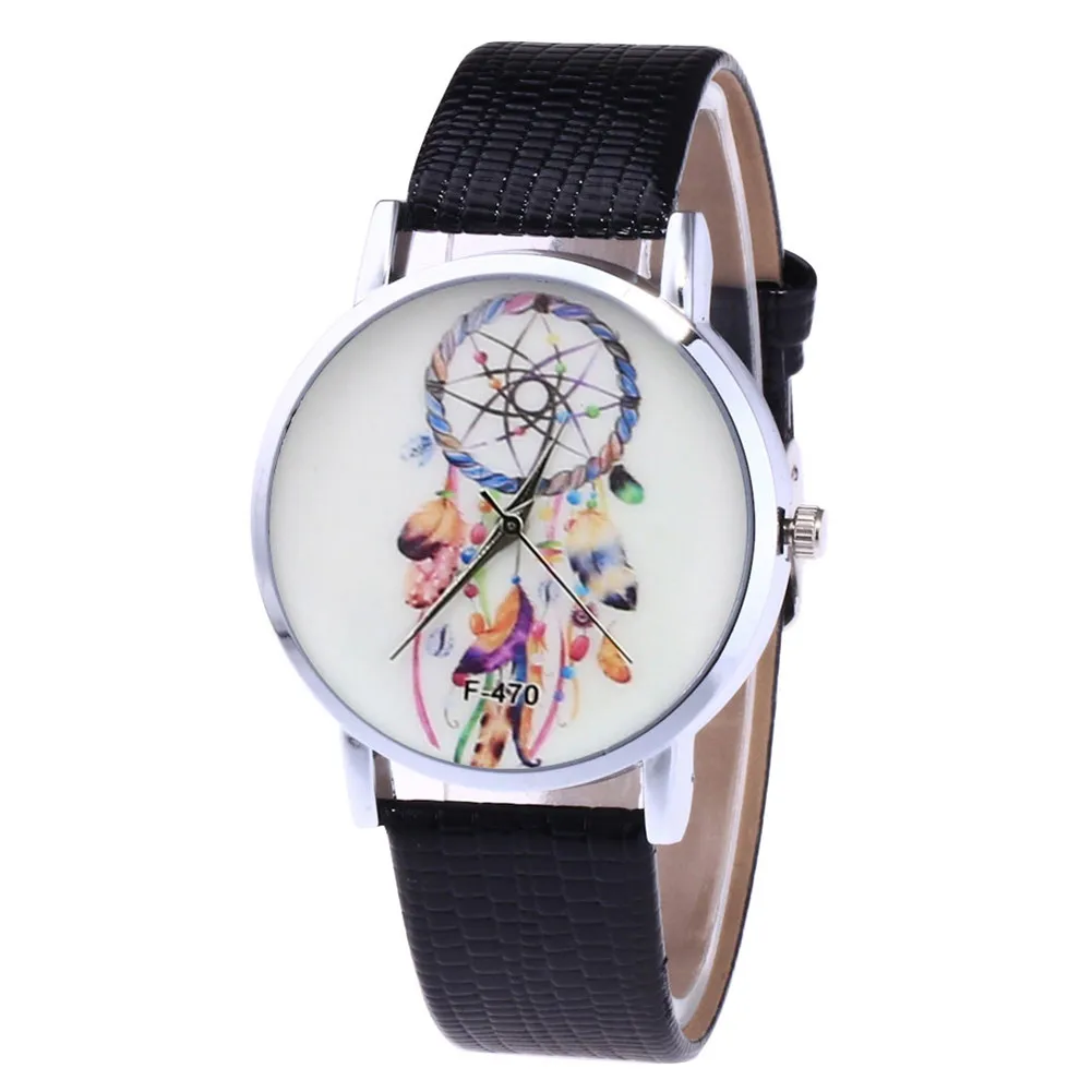 

Simple Quartz Watch Leather Band Round Dial Dream Catcher Printed Casual Watches LXH