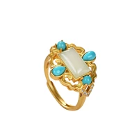 s925 sterling silver gold plated hetian jade turquoise ring personality hollow out irregular ladies open ring