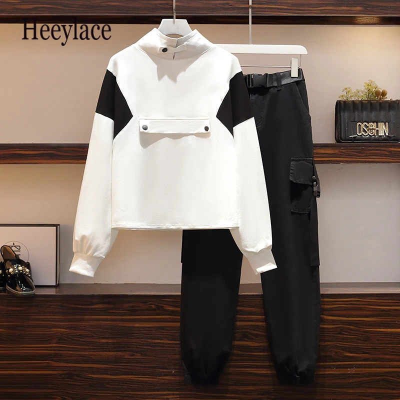 

Размера плюс женский осенний спортивный костюм из двух предметов, оверсайз с длинным рукавом, черный белый лоскутный Топ и длинные брюки