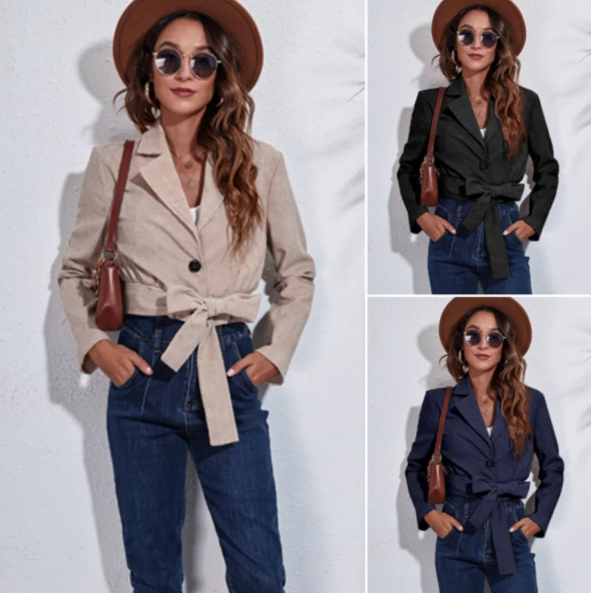 

2021 Fashion New Women's Large Size Loose Suit Collar Corduroy Fall/Winter Slim Long Pure Color Warm Short Jacket
