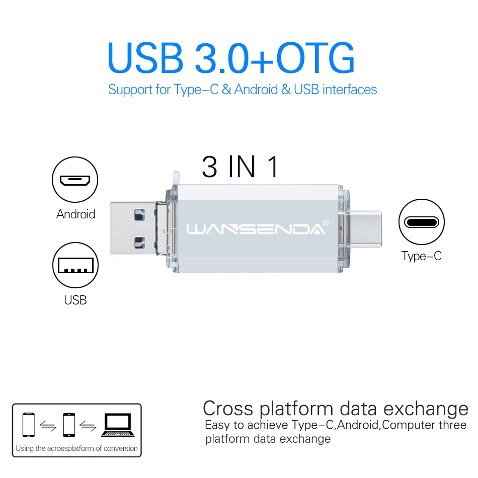 Флеш-накопитель WANSENDA OTG USB 128 ГБ Type C 32 Гб 64 256 Pendrive 3 в 1 USB3.0 & Type-C Micro | Компьютеры и