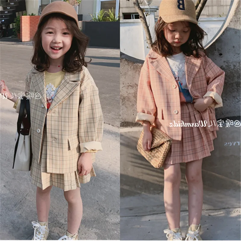 

Mihkalev 6 8 10Year 2021 kids autumn clothing set for children plaid clothes set Jacket+skirt kids girls tracksuit outfits