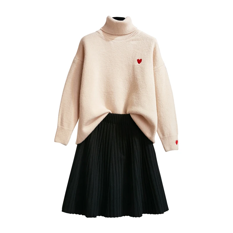Свободный свитер-водолазка и черная плиссированная юбка для женщин комплект из 2