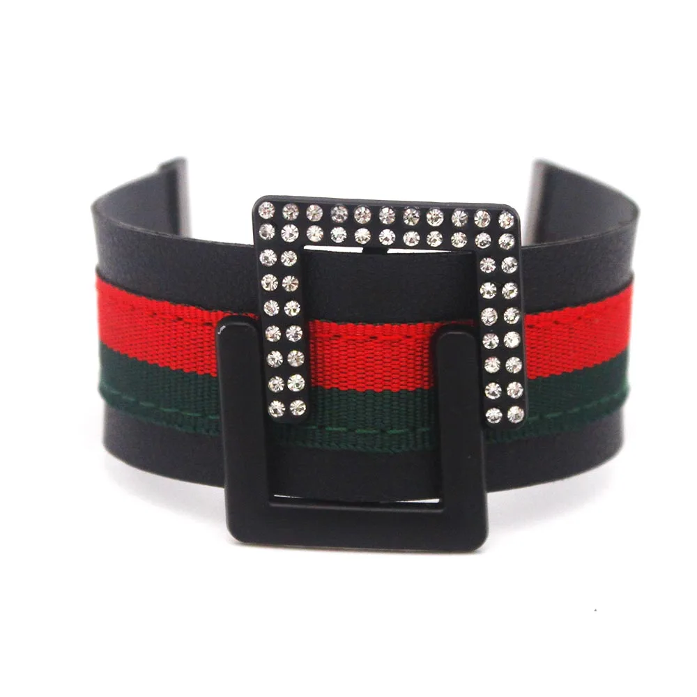 

TOTABC Cuff Leather Bracelets For Women Red Green Ribbon Bangles Crystal Design Wide Fashion Punk Charm Bracelets Female Jewelry