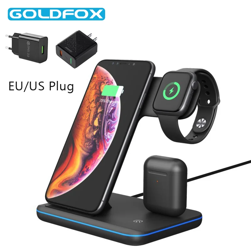 

3 in 1 Wireless Charger For iphone 8 plus 15W Qi Fast Charger Station For Apple Airpods Pro Watch 6 5 4 3 2 1 With EU/US Plug