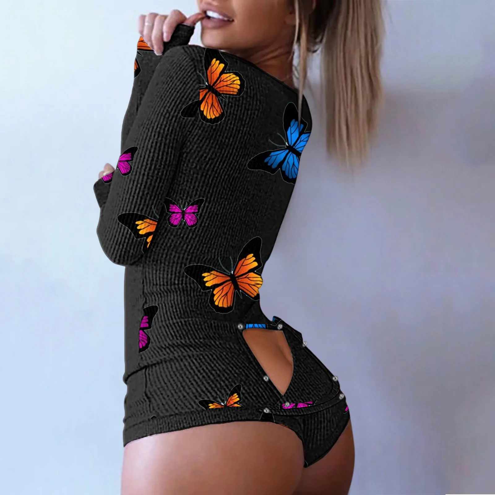 

Пикантный женский боди, Облегающий комбинезон с принтом бабочек, комбинезон с длинным рукавом, глубоким V-образным вырезом, обтягивающий Эл...