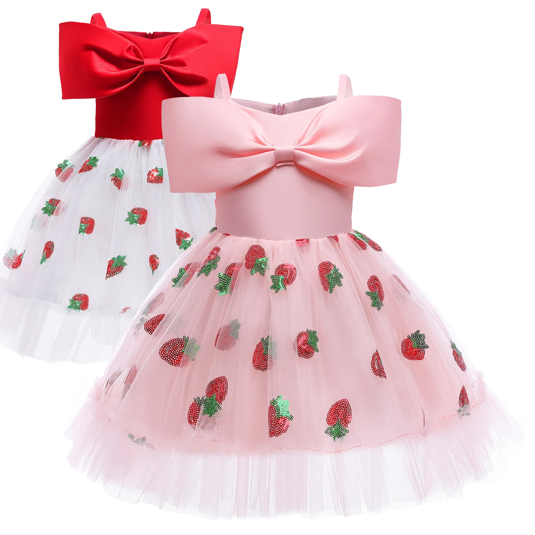 

Girls Dress for 2 to 10Years Girl Princess Strawberry sequins Mesh Dresses Birthday Party Dress Children's Sweet Strapless Dress