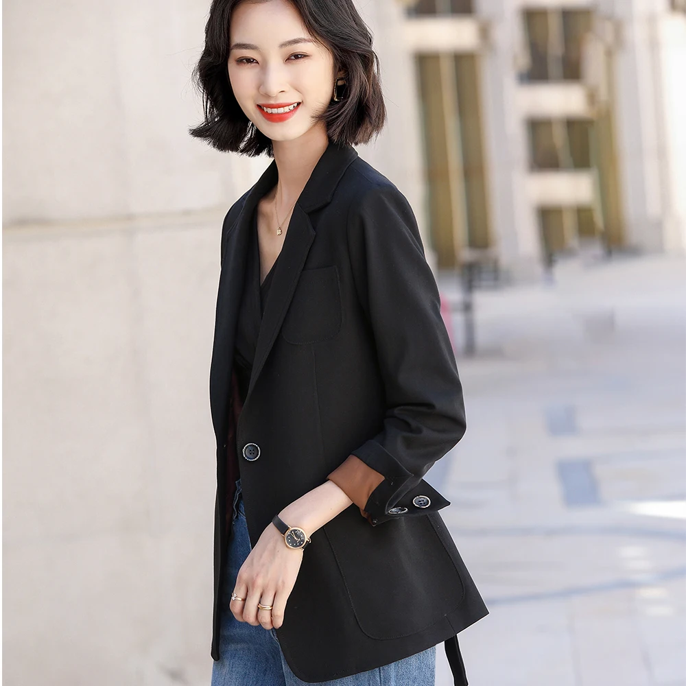 

2021 New Black Brown Ladies Blazer With Pockets and Sashes Women Spring Autumn Fashion Coat Girl Korean Design Jacket