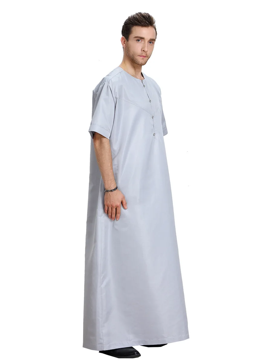 Summer Muslim Arab Clothing Men Jubba Thobe Short Sleeve Button Casual Robe Dubai Middle East Male Islamic Muslim Kaftan Robe
