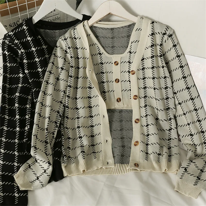 Женский трикотажный кардиган, винтажный клетчатый свитер с длинным рукавом и майка в Корейском стиле, 2 предмета, Y2K, Осень-зима от AliExpress WW
