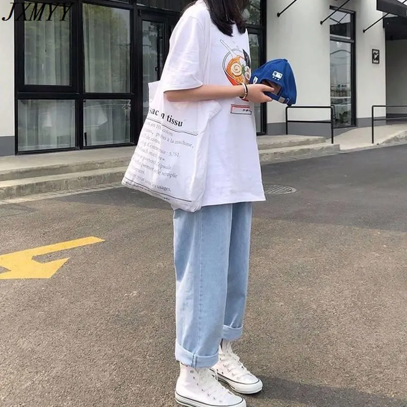 

JXMYY jeans elastic waist nine-point drape Korean style loose new straight nine-point pants female students