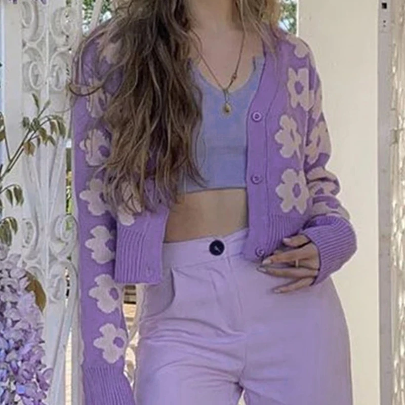 

Женский однобортный трикотажный кардиган с длинным рукавом и цветочным принтом