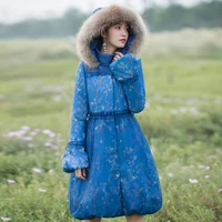fashion flare style blue fluffy cotton coats female winter national thicker warm parkas real fur hooded coat f2339