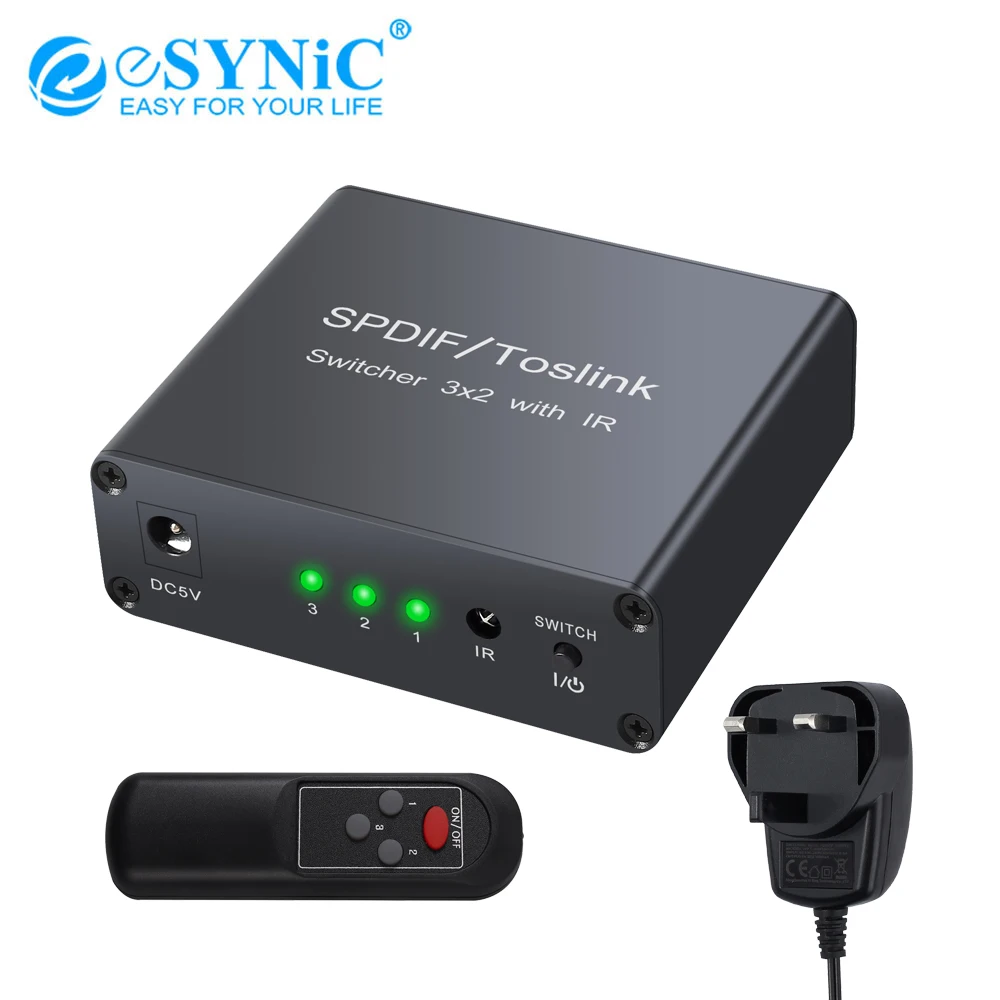 

ESYNiC 3 в 2 выход оптический переключатель сплиттер 3 порта Spdif Toslink оптический переключатель 2-сторонний цифровой аудио сплиттер Поддержка пор...