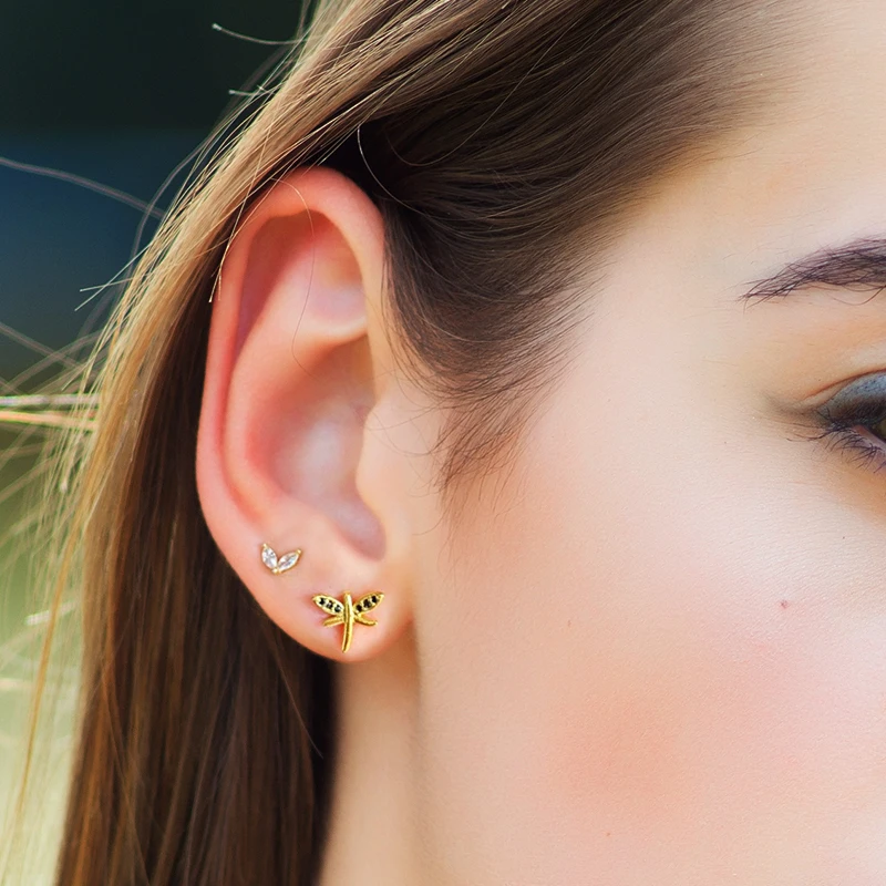 

GS 925 Sterling Silver Purple Black Zircon Dragonfly Spider Stud Earrings For Women Hand Gesture Ear Studs Rock Punk Jewelry