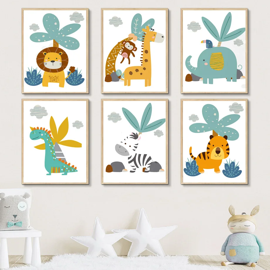 Картина на холсте с изображением Льва слона жирафа дерева | Дом и сад