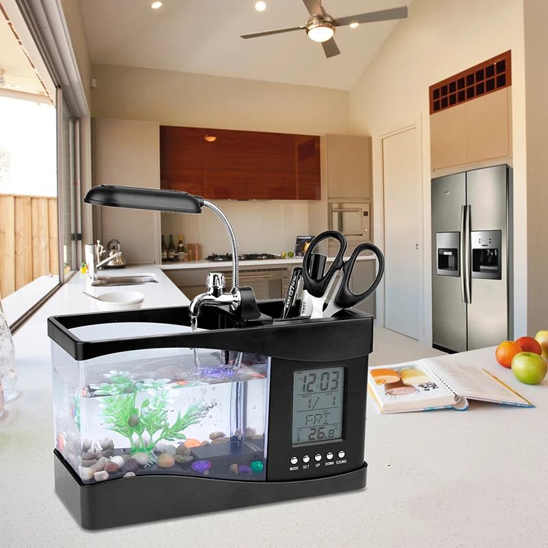 

USB Desktop Mini Aquarium Fish Tank Beta Aquarium with LED Light LCD Display Screen and Clock Fish Tank Decoration with Pebbles