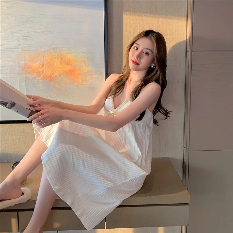 Women's New Pajamas Spring And Autumn Pit Cotton Comfortable Court Style Temperament Sling Nightgown Suit Home Service