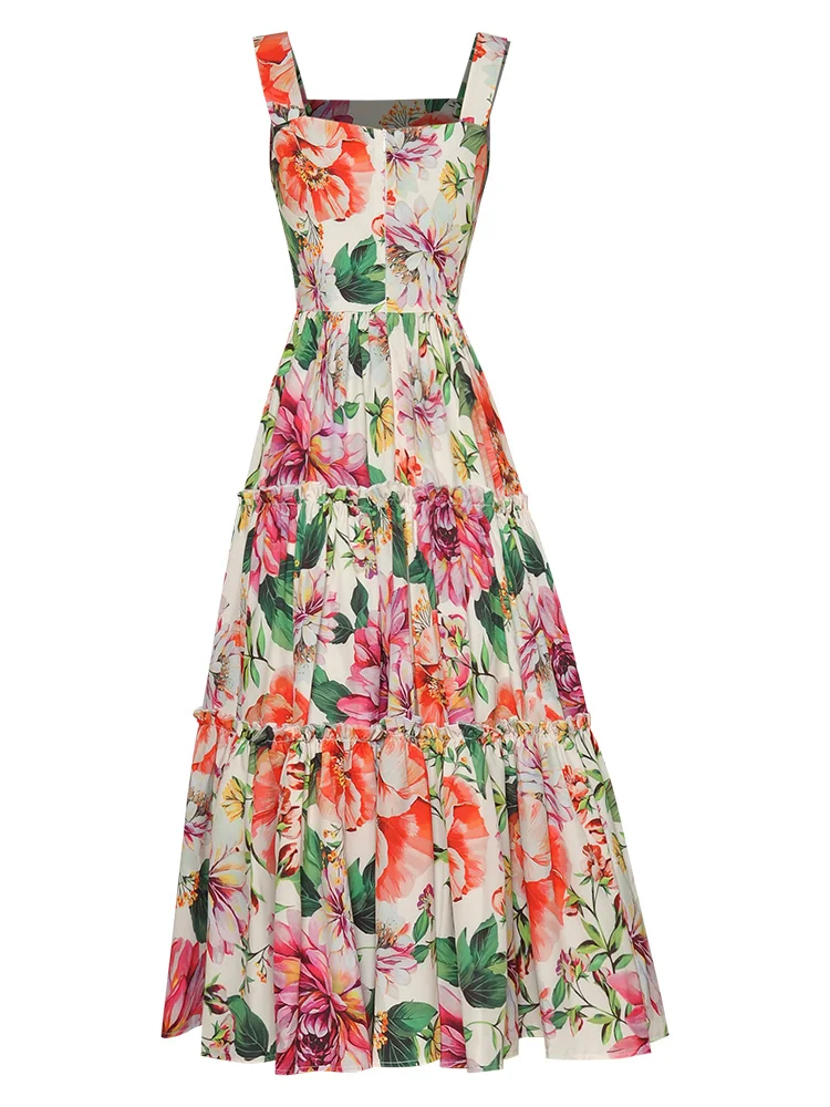 

Модельное дизайнерское платье на бретельках с цветочным принтом, до середины икры, отличное качество, мода 2021