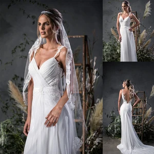 Wedding Dresses with Veils 2020 Spaghetti Straps Lace Appliques Bridal Gowns Backless Sweep Train Wedding Dress Robes De Mariée
