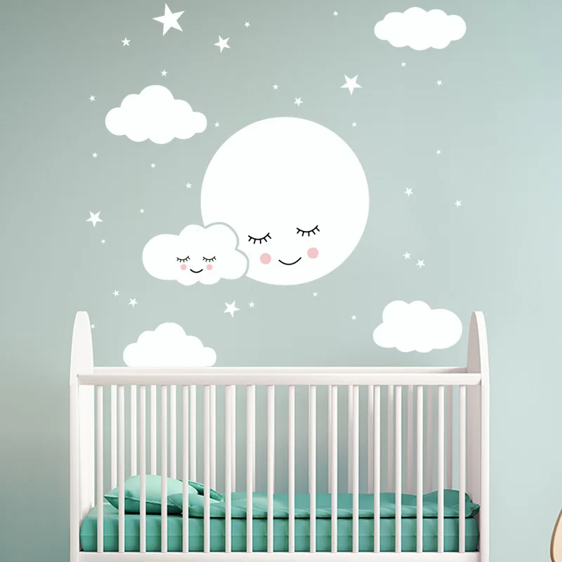 

White cartoon smiley cloud stars wall sticker kids baby rooms decorations mural bedroom wallpaper home decals nursery stickers