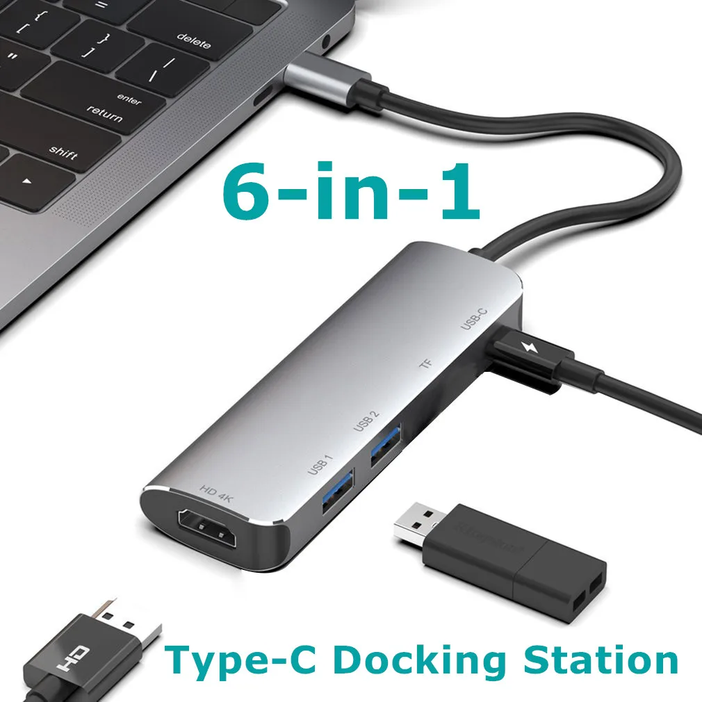 

Type-C Dock 6-in-1 USBC HUB with 2 x USB 3.0 Ports 100W Power Delivery 4K HDMI-compatible Card Reader Slots For MacBook Pro