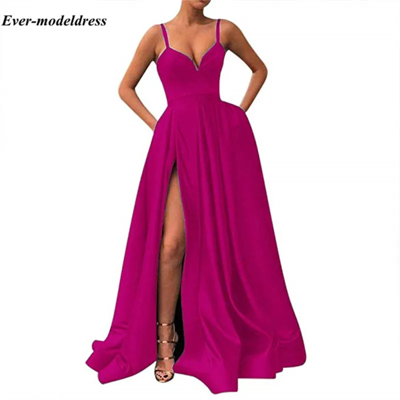 Vestidos De Gala королевские синие платья для выпускного вечера с высоким разрезом на тонких бретелях Простые Вечерние платья для выпускного вечера с карманами дешевые халаты - Цвет: Fuchsia