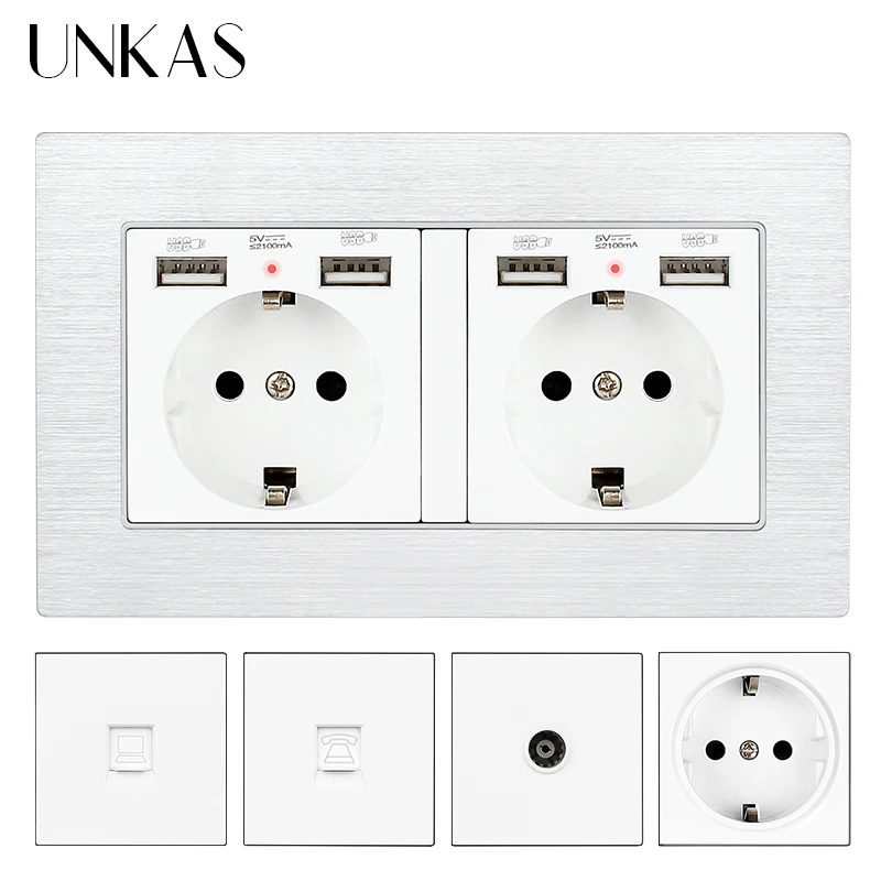UNKAS White Aluminum Panel EU / French Socket Dual USB Charg