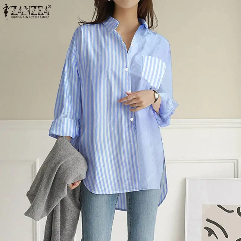 

Модные рубашки ZANZEA, женские топы в полоску в стиле пэчворк, осенняя Повседневная Блузка с длинным рукавом, женская рубашка оверсайз с лацкан...