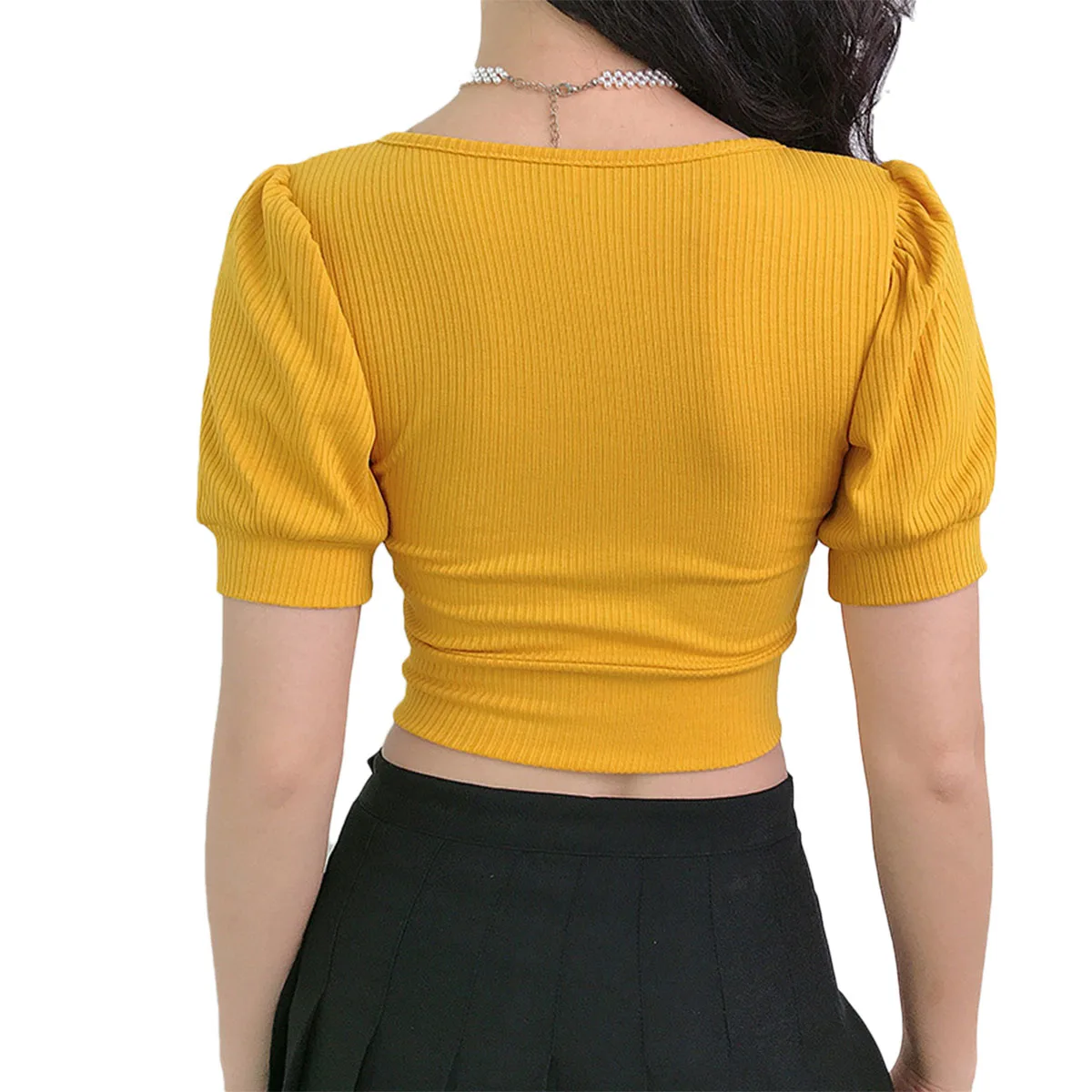 

Women Puff Sleeve Square Collar Crop Top Summer Fashion Solid Color Tops for Ladies